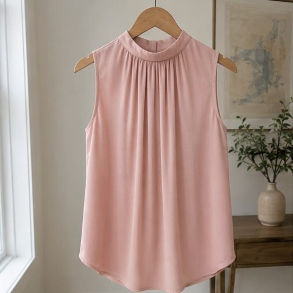 Blush Pleated High Neck Blouse